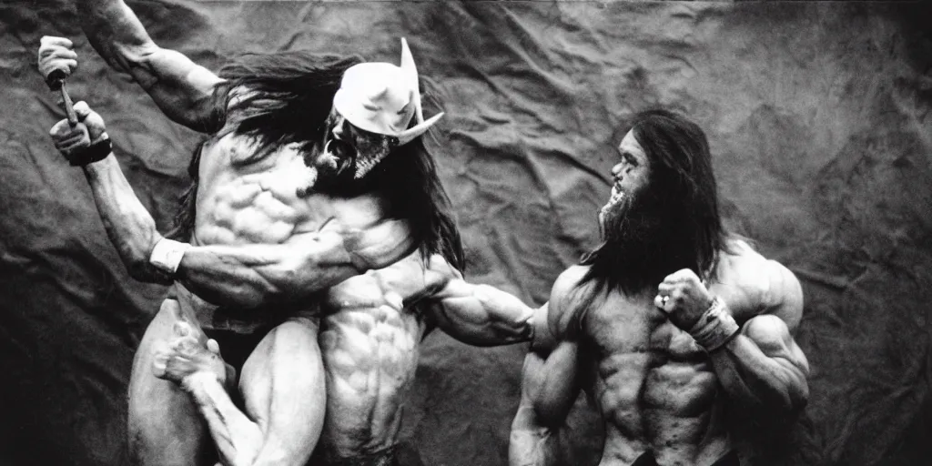 Prompt: Macho man randy savage fighting god , frightening, ghastly, photorealistic, old film, 35mm film, found film, scary, ominous, by bruce davidson, on hasselblaad
