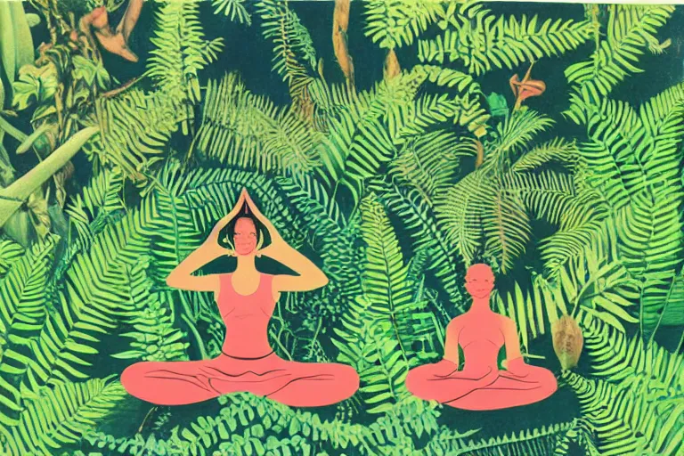 Prompt: yoga practice surrounded by ferns, jungles, animals, relax, calm, by herbert bayer