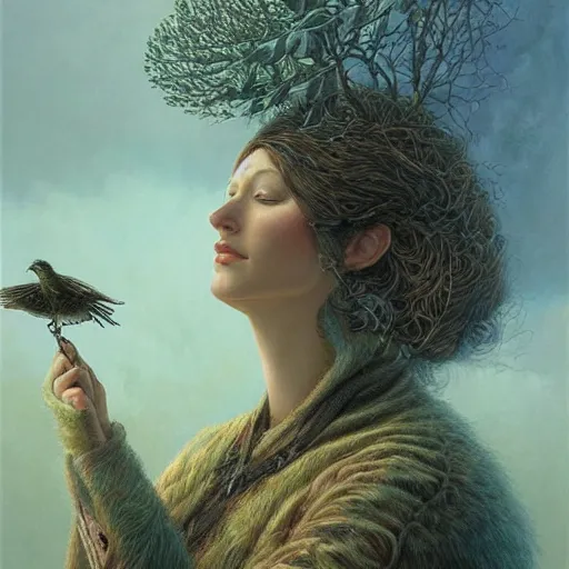 Image similar to a painting of a person with bird traits, a detailed painting by Andrew Ferez, cgsociety, fantasy art, biomorphic, mystical, whimsical