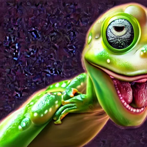 Image similar to A hyperrealistic digital painting of a bald man with creepy frog eyes, a frog tongue, and slimy green skin