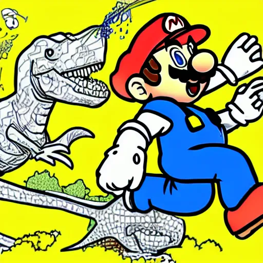 a colouring page of mario riding a dinosaur | Stable Diffusion | OpenArt