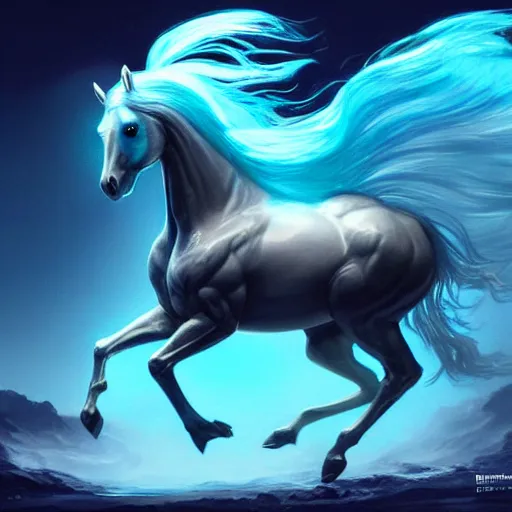 Prompt: a fantastical transparent small turquoise horse made of water and foam, ethereal, noble, radiant, hyperalism, scottish folklore, digital painting, artstation, concept art, smooth, 8 k frostbite 3 engine, ultra detailed, art by artgerm and greg rutkowski and magali villeneuve