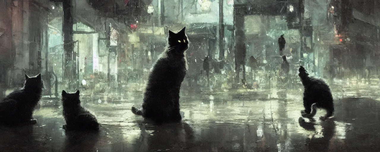 Image similar to The kitty mafia by jeremy mann and greg rutkowski, dramatic earth colors with few farm green highlights, 80 mm lens, oil on canvas