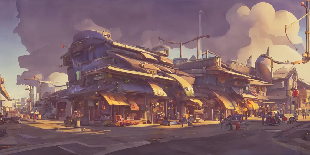 Image similar to overwatch building, stylized, exterior, architecture, in watercolor gouache detailed paintings, insanely detail, artstation, 8 k, futuristic, big medium small, arcane, simon stalenhag, food stall, interesting shapes & form, golden ratio, megastructures, vitaly bulgarov, mall, junkyard