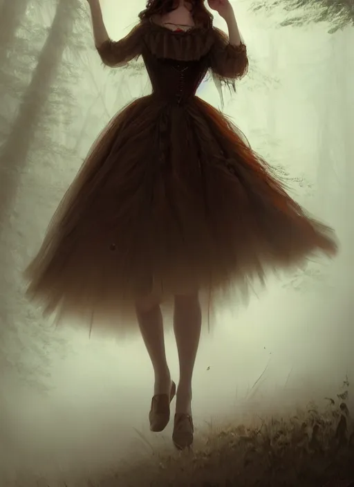 Image similar to a beautiful brown - haired young woman with an old dress of the 1 9 th century in horror forest, intricate, elegant, highly detailed, digital painting, artstation, concept art, smooth, sharp focus, illustration, ethereal, misty, by ilya kuvshinov and jeremy mann, 8 k, octane render