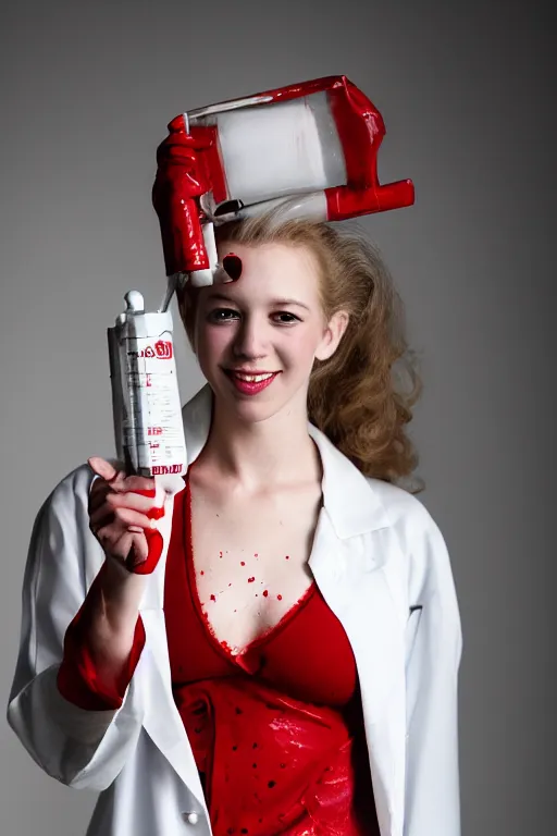 Prompt: close up headshot of young beautiful elizabeth holmes as a evil blood spattered psychopath nurse holding a giant syringe needle and wearing red lingerie under a white lab coat, cosplay, studio lighting, marvel, villainess, red lace lingerie under a white lab coat, evil grin, color photograph by bruce weber, beautiful gazing eyes