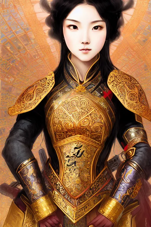 Image similar to portrait black hair young knights of Dynasty Warriors girl, rose golden color armor, in ruin chinese palace rooftop sunrise, ssci-fi and fantasy, intricate and very beautiful and elegant, highly detailed, digital painting, soft light, artstation, concept art, smooth and sharp focus, illustration, art by tian zi and WLOP and alphonse mucha