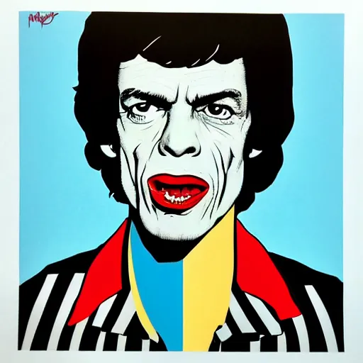 Prompt: individual mick jagger aged 2 4 silk screen butcher billy style