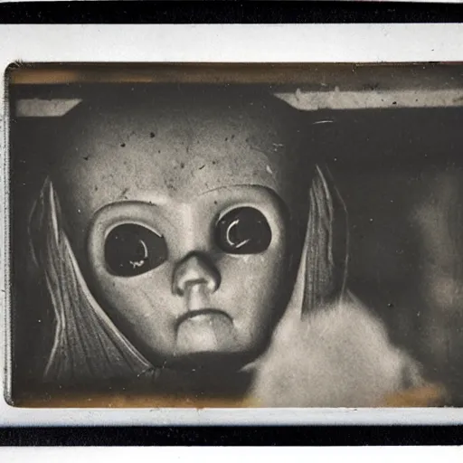 Image similar to aged polaroid photo of a scary doll in a london subway, gloomy, grainy