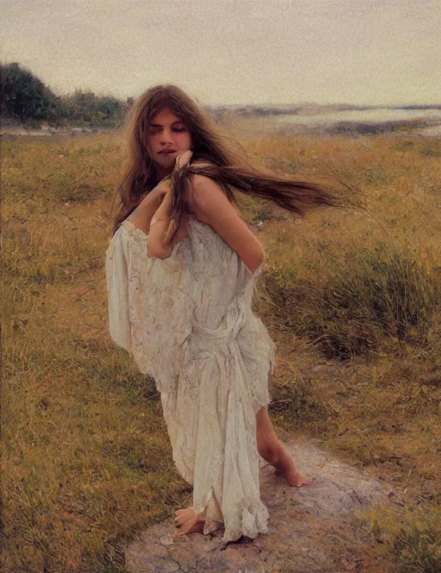 Image similar to peasant barefoot girl with long hair laying edge of rock, cottage core, cinematic focus, polaroid photo bleached vintage pastel colors high - key lighting, soft lights, foggy, by steve hanks, by lisa yuskavage, by serov valentin, by tarkovsky, 8 k render, detailed, oil on canvas