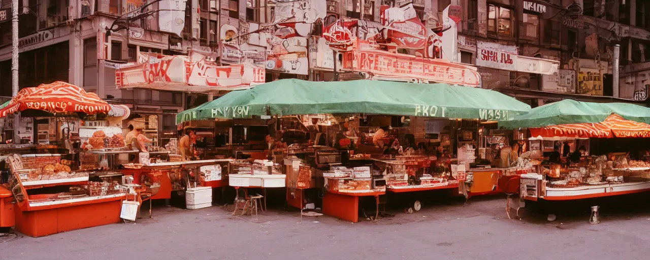 Image similar to food stand featuring spaghetti bowls, in downtown nyc, kodachrome, in the style of wes anderson, retro