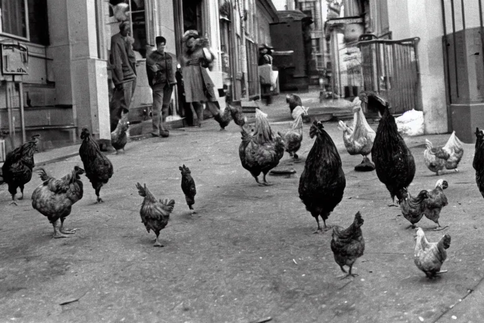 Prompt: still image taken from sci fi horror movie of chickens and monsters appear in the city. low camera angle. 1 9 6 0.