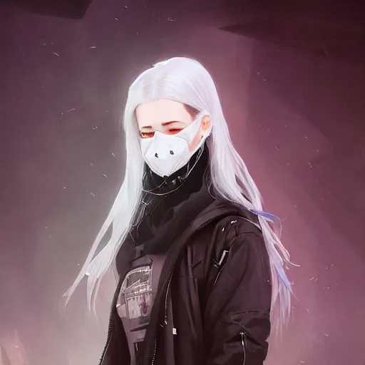 Image similar to ! dream very cool girl white hair girl with mask, streetwear, techwear, cyberpunk style outfit, full body, nose piercing, detailed portrait, intricate complexity, by greg rutkowski, cory loftis, artgerm, ross tran, conrad roset, takato yomamoto, ilya kuvshinov. 4 k, beautiful, cinematic dramatic atmosphere