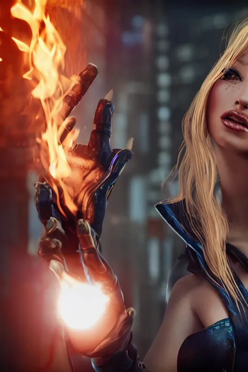 Image similar to gorgeous blonde woman with fire in her hand, cyberpunk, realistic, high definition, many details, symmetrical face, realistic eyes, art of unreal engine 5