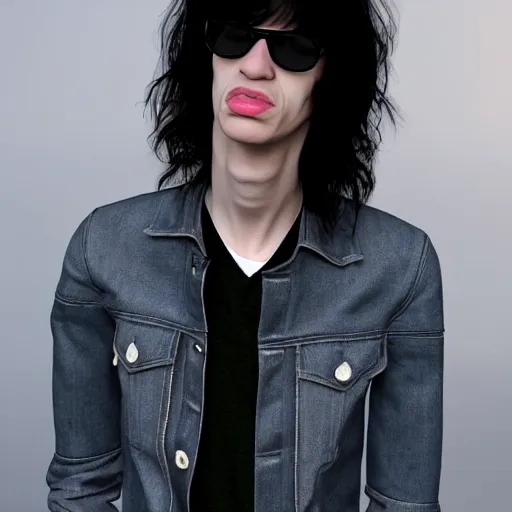 Image similar to The Lovechild of Joey Ramone and Young Mick Jagger, real life, hyperrealistic, ultra realistic, realistic, highly detailed, epic, HD quality, 8k resolution, body and headshot, front facing, front view, headshot and bodyshot, detailed face, very detailed face