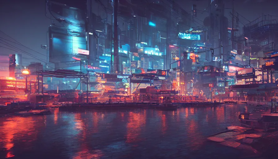 Image similar to night scene of a futuristic cyberpunk fishing village docks , 50mm, beautiful lighting, ultra detailed, 4k, 8k, trending on artstation, octane render, photorealistic, unreal engine 5