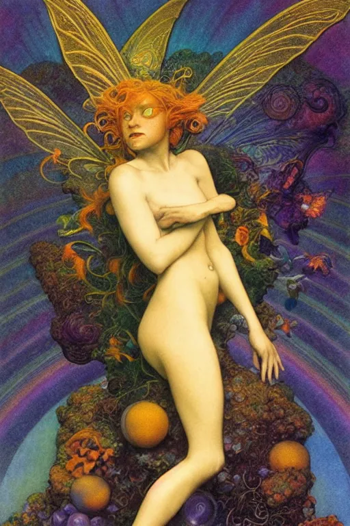 Image similar to a beautiful faerie, golden ratio, detailed, rainbowshift, by maxfield parrish and brian froud