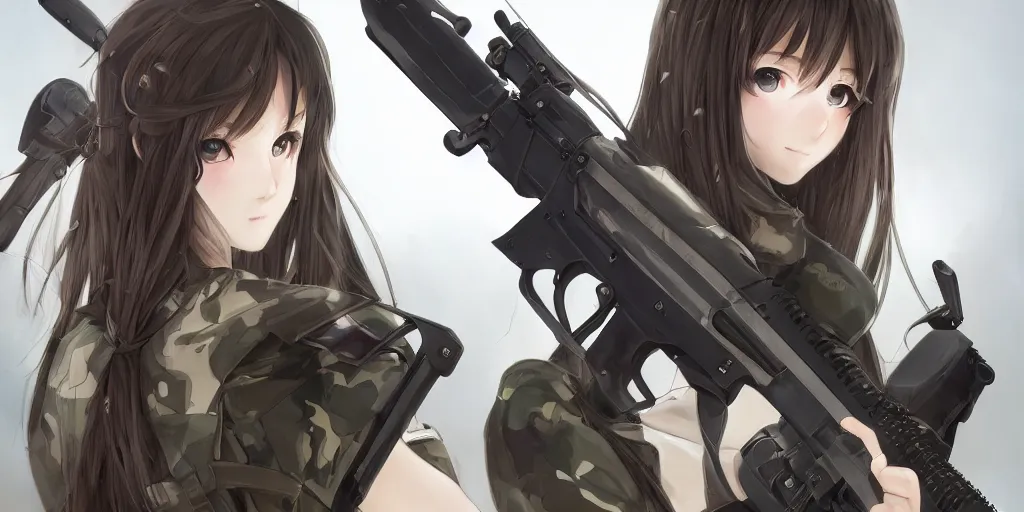 Image similar to ump 4 5 soldier girl, anime style, long hair, hair down, symmetrical facial features, girls frontline wallpaper, hyper realistic, pale skin, 4 k, rule of thirds, extreme detail, detailed drawing, trending artstation, hd, fantasy, d & d, by alphonse mucha, greg rutkowski, sharp focus, backlit