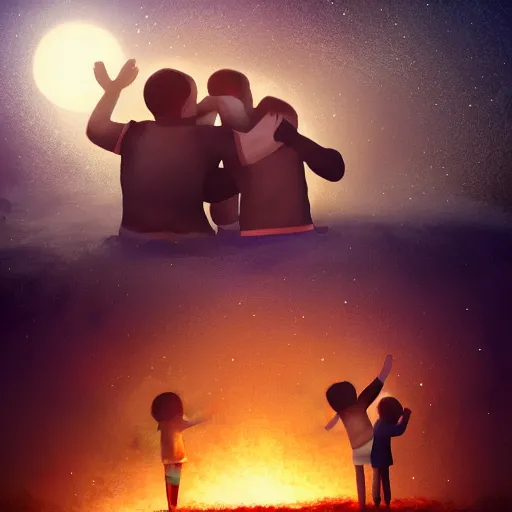 Image similar to a family hugging each other for the last time as the world is ending, meteors are falling from the sky, everything is on fire, dramatic lighting, digital art, very very very very very very beautiful, 8 k, dark lighting, trending on artstation, award winning