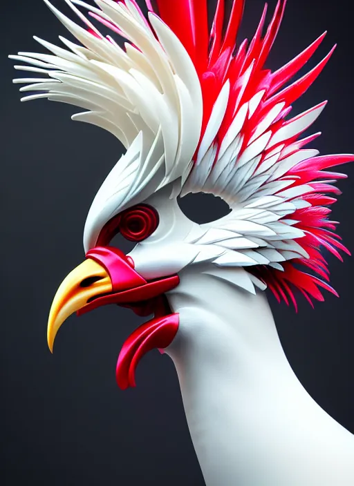 Image similar to hyper detailed ultra sharp portrait of a beautiful fashionable porcelain ivory cyberpunk scifi rooster, well contoured smooth colorful feathers, up close shot, sharp focus, global illumination, radiant light, black haute couture, alexandre ferra, irakli nadar, octane render, 4 k, ultra hd,