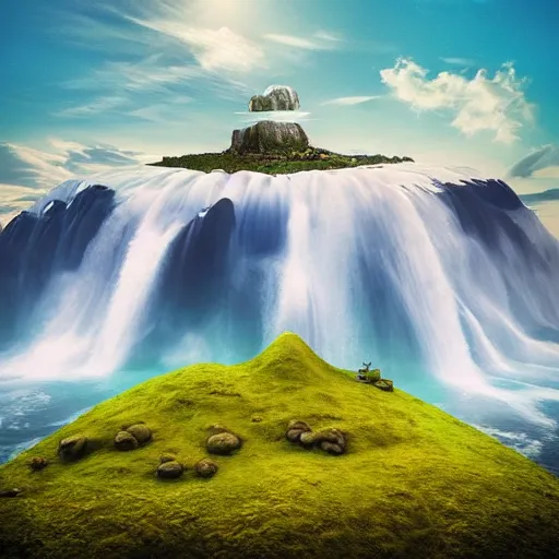 Image similar to “floating island in the sky, with a waterfalls, 4k image, award winning”