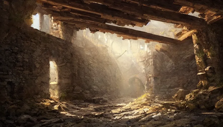 Image similar to a beautiful painting of of an old abandoned 1 8 0 0's century gold mineshaft with exposed beams by greg rutkowski and kalin popov, trending on artstation, masterpiece,