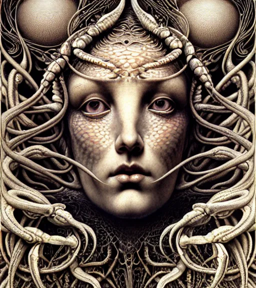 Image similar to detailed realistic beautiful crab goddess face portrait by jean delville, gustave dore, iris van herpen and marco mazzoni, art forms of nature by ernst haeckel, art nouveau, symbolist, visionary, gothic, neo - gothic, pre - raphaelite, fractal lace, intricate alien botanicals, ai biodiversity, surreality, hyperdetailed ultrasharp octane render