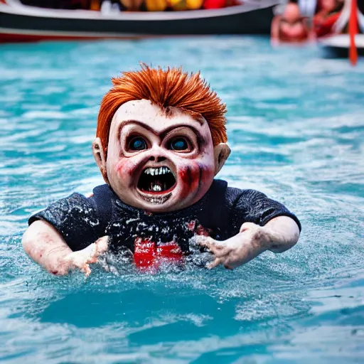 Prompt: a screaming chucky doll swimming after a gondola of tourists in venice