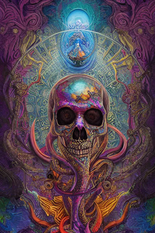 Prompt: gigantic psychedelic demonic cosmic skull, alien tentacles, fantasy painting, mandala, ultra realistic, wide angle, art nouveau, intricate details, ink illustration, rainbowshift, vivid colors, highly detailed by peter mohrbacher, h. r. giger, maxfield parrish, gustave dore, craig mullins, octane render, cgi