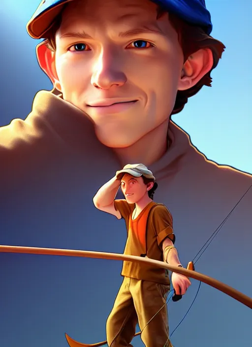 Image similar to cute fisherman tom holland, natural lighting, path traced, highly detailed, high quality, digital painting, by don bluth and ross tran and studio ghibli and alphonse mucha, artgerm