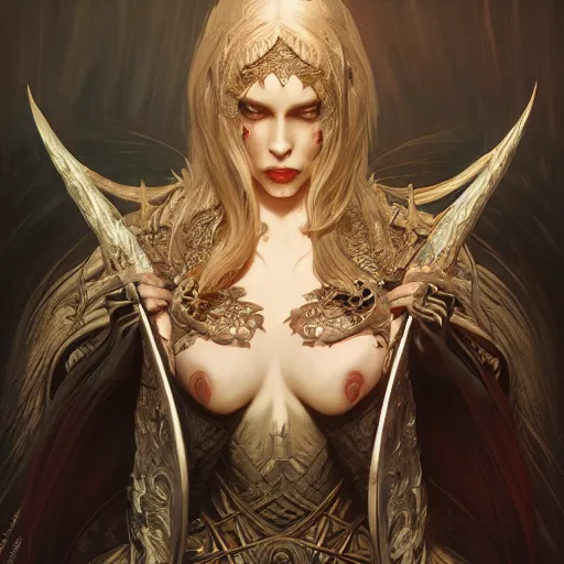 Image similar to portrait of an evil hellspawn, D&D, fantasy, intricate, elegant, highly detailed, digital painting, artstation, concept art, smooth, sharp focus, illustration, art by artgerm and greg rutkowski and alphonse mucha