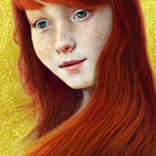 Image similar to portrait of a red haired girl, long hair, green eyes, hint of freckles, beautiful round face, soft amazed smiles, among golden fireflies, highly detailed, deep focus, elegant, digital painting, smooth, sharp focus, golden ratio, illustration, ultra realistic, 8 k, art by leonardo da vinci