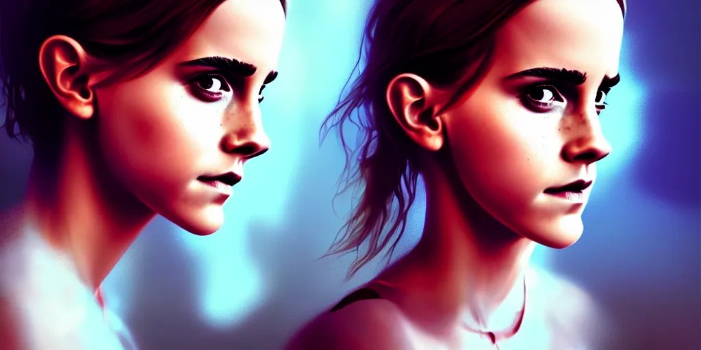 Image similar to hyperrealistic portrait of Emma Watson, full body portrait, well lit, intricate abstract. cyberpunk, intricate artwork, by Tooth Wu, wlop, beeple, in the style of Jin Kagetsu, James Jean and wlop, highly detailed, sharp focus, intricate concept art, digital painting, ambient lighting