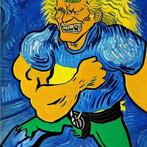 Prompt: strong hero muscles all might balding huge smile strong chin van gogh paiting style