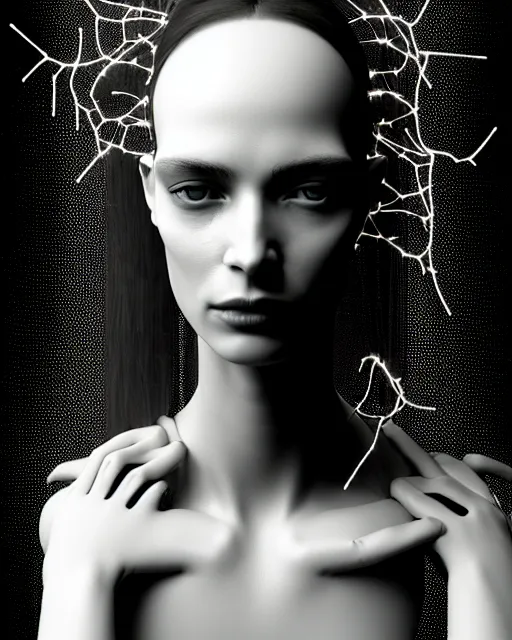 Prompt: black and white cyborg-plant goddess high quality photo, microchip, artificial intelligence, bio-mechanical bio-luminescence, black ivy, flies, neurons, nerve cells, octane render, cinematic, rim light, hyper realism, photo-realistic, high detail, 8k, in the style of Steven Meisel and Dora Maar and H.G. Giger