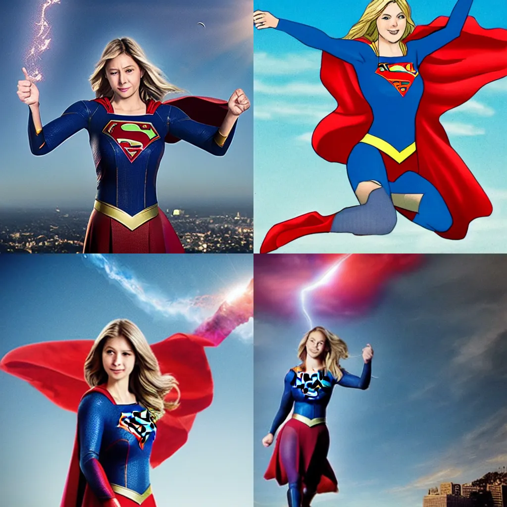 Prompt: Supergirl saving Los Angeles from a falling meteor