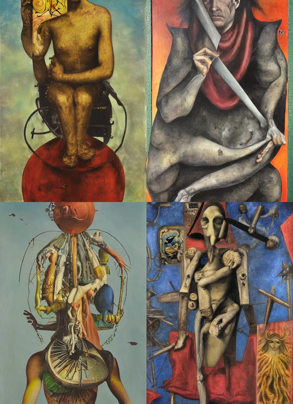 Prompt: a portrait oil painting entitled \'the chariot\' in the style of max ernst and Joel-Peter Witkin, tarot card