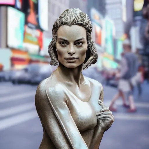 Image similar to a realistic renaissance sculpture of margot robbie by michelangelo, standing in times square, 3 d render, hyper detailed, sharp focus, 8 k resolution