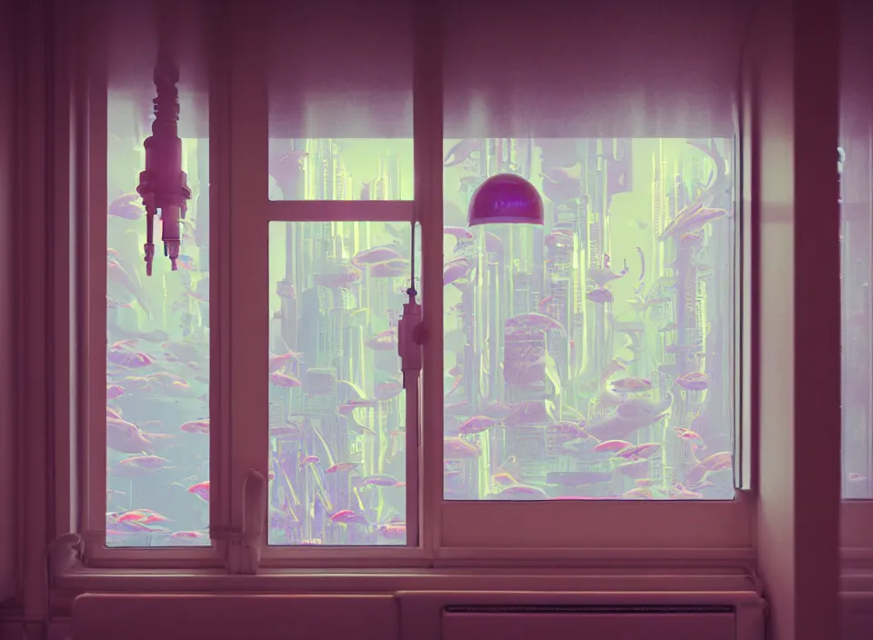 Prompt: telephoto 7 0 mm f / 2. 8 iso 2 0 0 photograph depicting the feeling of power in a cosy cluttered french sci - fi ( art nouveau ) pale cyberpunk apartment in a pastel dreamstate art cinema style. ( aquarium, shower, window ( city ), led indicator, lamp ( ( ( gym ) ) ) ), ambient light.