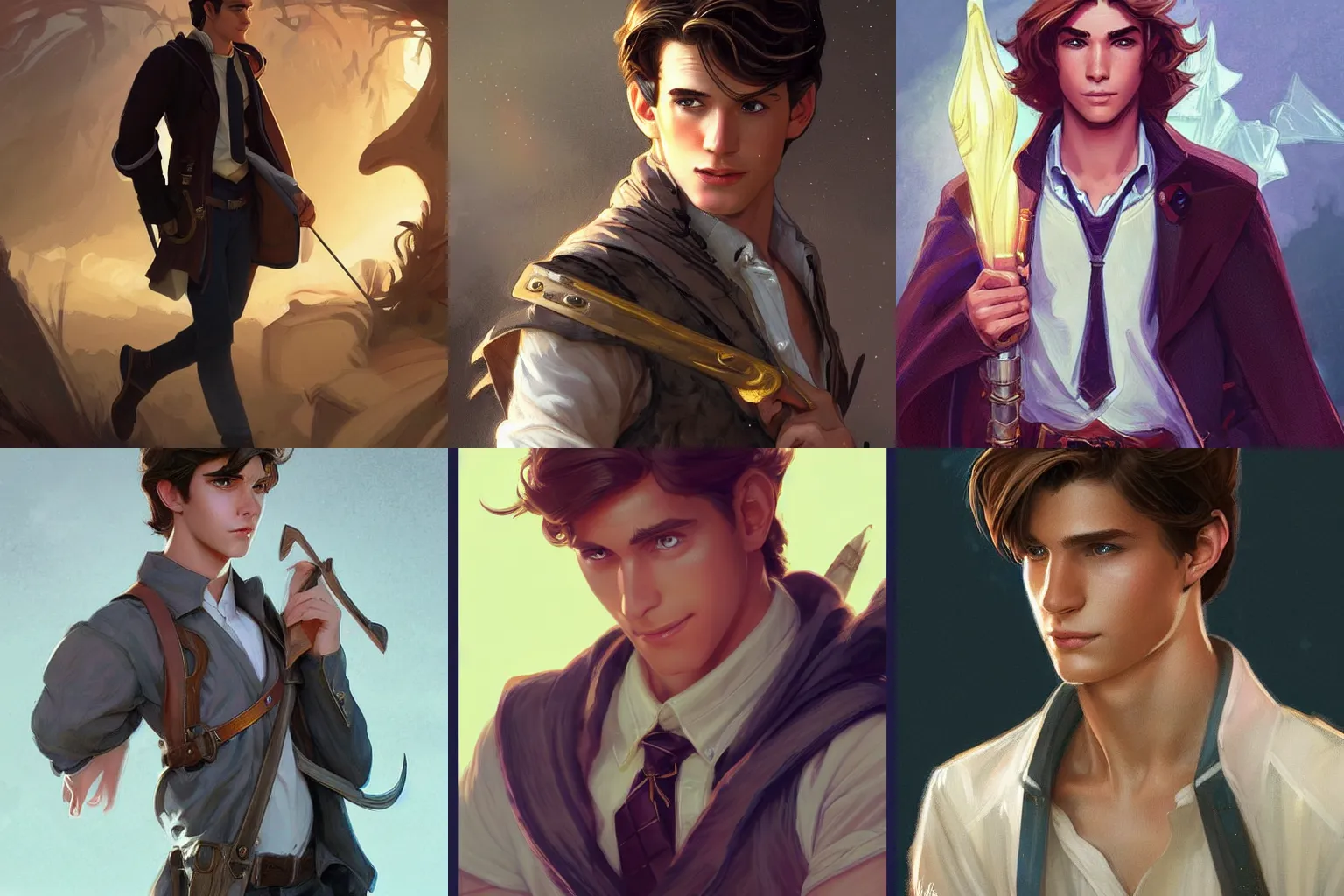 Prompt: a stylish young preppy sorcerer student, clean shaven, looks like Flynn Ryder, D&D, fantasy, intricate, cinematic lighting, highly detailed, digital painting, artstation, concept art, smooth, sharp focus, illustration, art by Artgerm and Greg Rutkowski and Alphonse Mucha