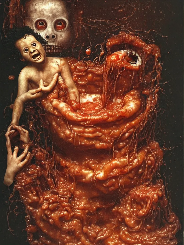 Image similar to a boy like eraserhead sitting in a tub full of tomato sauce, looking straight into camera, screaming in desperation, by giuseppe arcimboldo and ambrosius benson, renaissance, fruit, intricate and intense oil paint, a touch of joseph cornell, beksinski and hr giger and edward munch, realistic