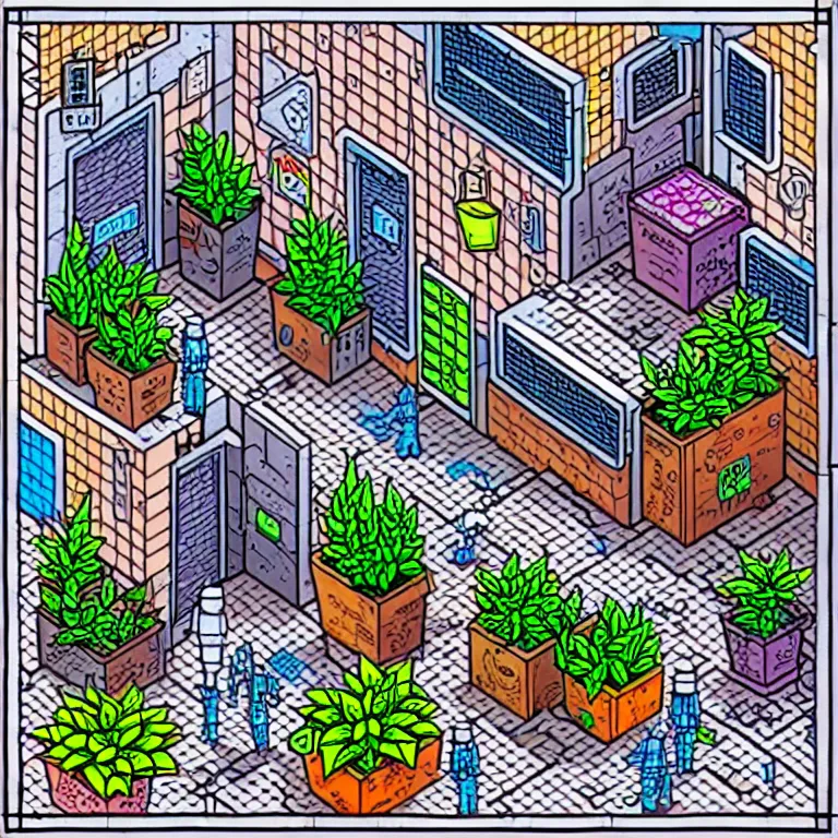 Image similar to an absurdly-detailed isometric cyberpunk alleyway colored-pen drawing as a fancy square tile. Cats and Robots and Potted-Plants.