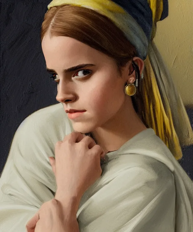 Image similar to Emma Watson as the girl with the pearl earring, highly detailed, digital painting, artstation, concept art, smooth, sharp focus, illustration, ArtStation, art by artgerm and greg rutkowski and alphonse mucha and J. C. Leyendecker and Edmund Blair Leighton and Katsuhiro Otomo and Geof Darrow and Phil hale and Ashley wood and Ilya repin and Charlie Bowater