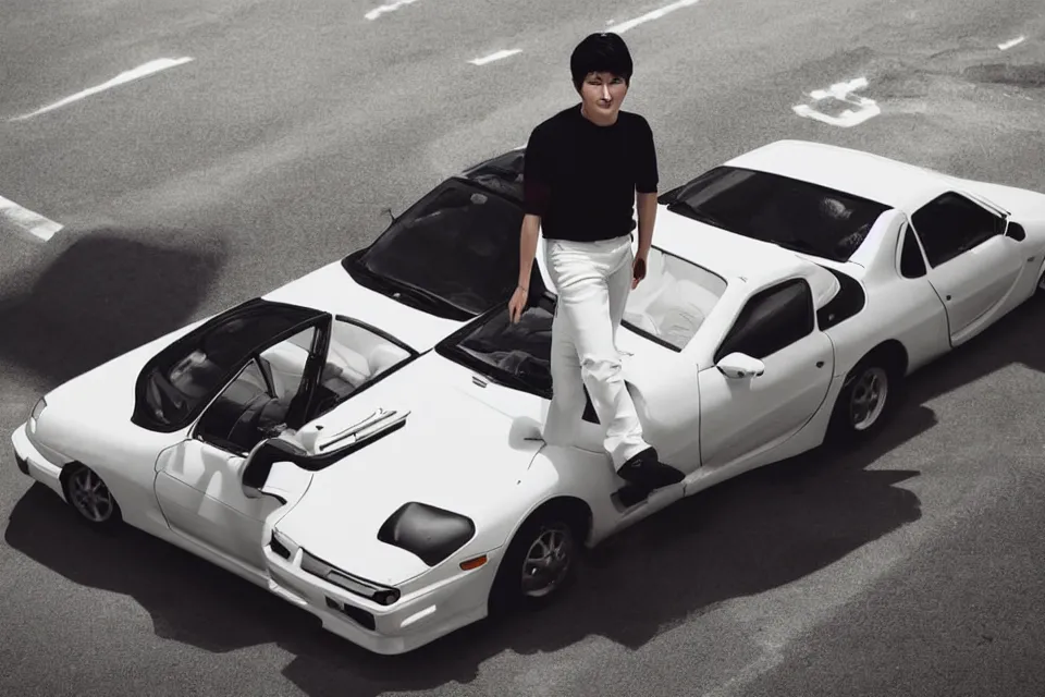 Image similar to aesthetic detailed illustration of ryosuke takahashi with black hair and white pants, standing by his white glossy mazda rx 7 on an empty highway at sunrise, cinematic lighting, initial d anime 1 0 8 0 p, detailed anime face, high detail, 9 0 s anime aesthetic, volumetric lights, rule of thirds, unreal engine 5 render, pinterest wallpaper, trending on artstation