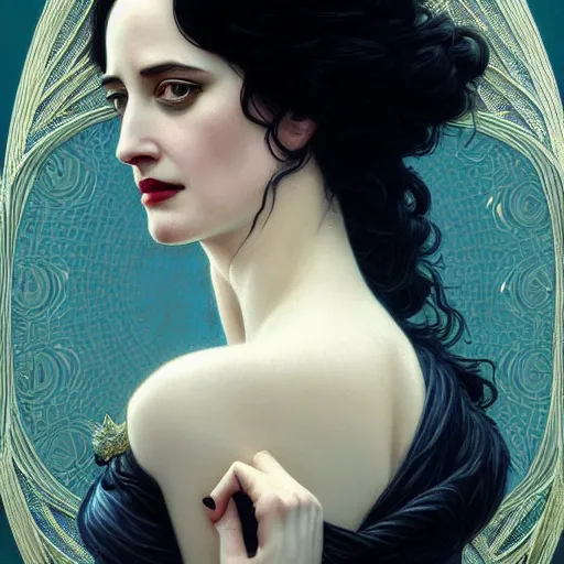 Image similar to beautiful detailed picture of eva green as yennefer, radiant light, art nouveau, intricate, elegant, highly detailed, symmetrical face, my rendition, digital painting, artstation, concept art, smooth, sharp focus, illustration, art by artgerm and greg rutkowski and alphonse mucha