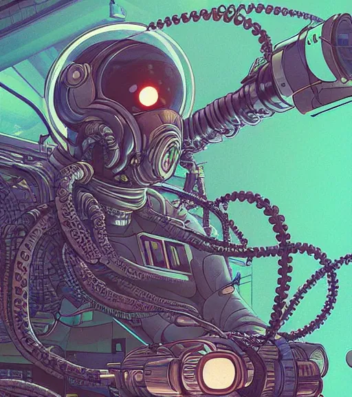 Image similar to a cybernetic realistic octopus in a space station, techwear, Industrial Scifi, detailed illustration, character portrait, by Martin Grip and Moebius