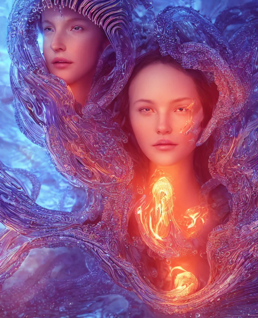 Image similar to close-up macro portrait of the face of a beautiful princess, epic angle and pose, symmetrical artwork, 3d with depth of field, blurred background, cybernetic jellyfish female face skull phoenix bird, translucent, nautilus, energy flows of water and fire. a highly detailed epic cinematic concept art CG render. made in Maya, Blender and Photoshop, octane render, excellent composition, cinematic dystopian brutalist atmosphere, dynamic dramatic cinematic lighting, aesthetic, very inspirational, arthouse. y Greg Rutkowski, Ilya Kuvshinov, WLOP, Stanley Artgerm Lau, Ruan Jia and Fenghua Zhong