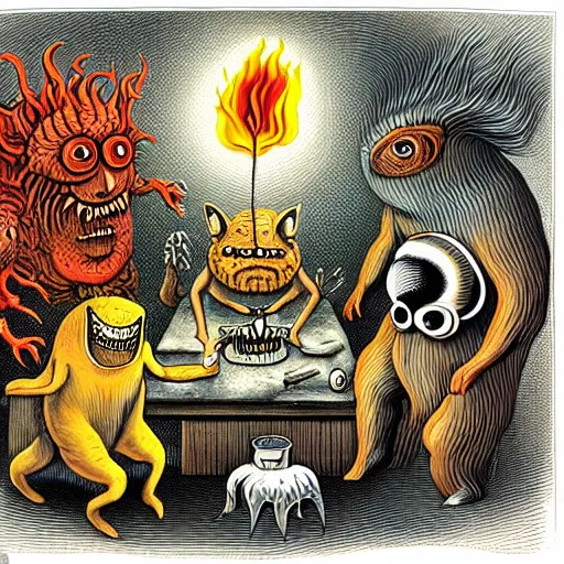 Image similar to bizarre whimsical uncanny bestiary of repressed unconscious emotional monsters and creatures in a fiery alchemicla lab