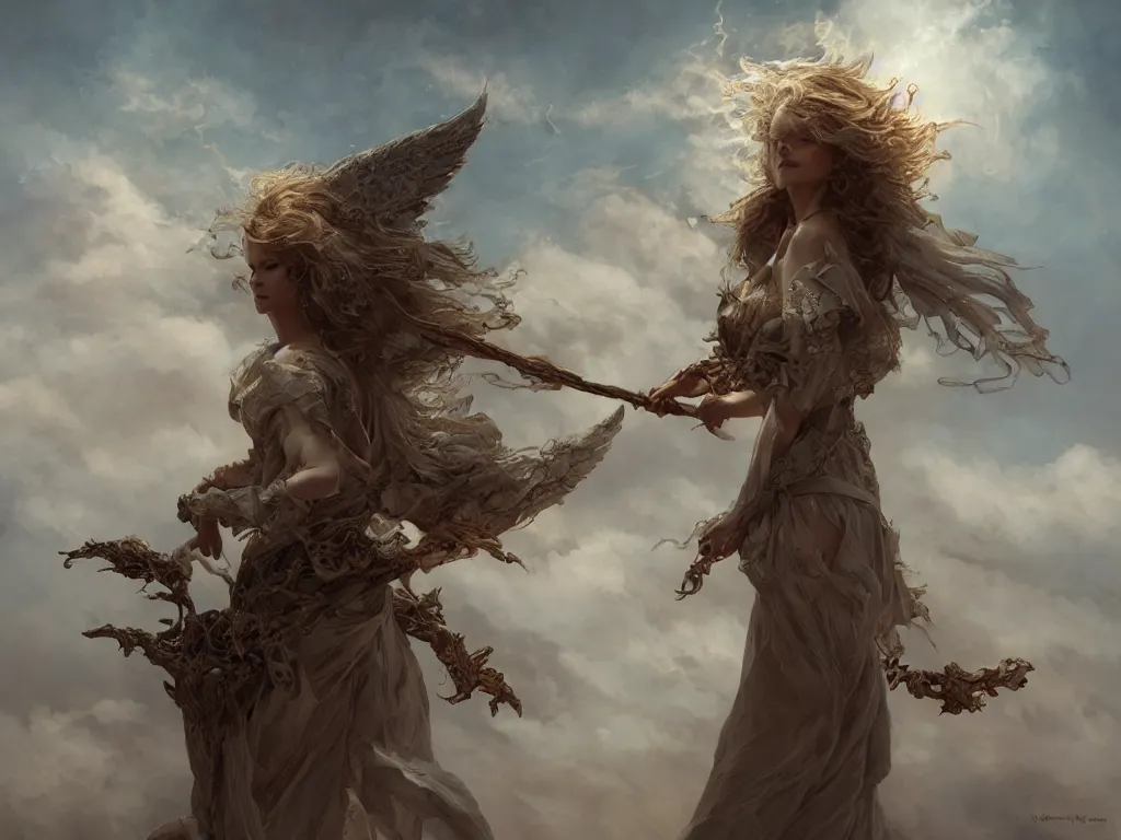 Image similar to angel carries a burning man in the clouds, fantasy art, award winning, dark fantasy, fantasy magic, intricate, elegant, sharp focus, cinematic lighting, highly detailed, digital painting, concept art, art by wlop and artgerm and greg rutkowski, masterpiece, trending on artstation, 8 k