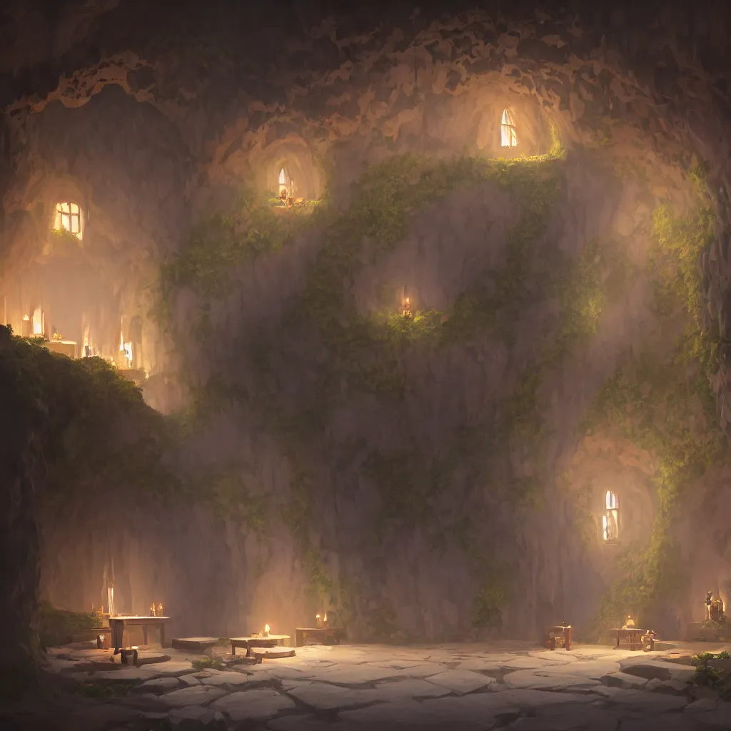 Prompt: ground floor of secret overwatch common area carved inside a cave, doors to various living quarters, magical, natural light, huge central tree, flowers, candle light, cinematic lighting, clean lines, cozy, fantasy, minimalist, clean lines, architecture, sharp focus, concept art, octane render 4 k, artstation, by greg rutkowski